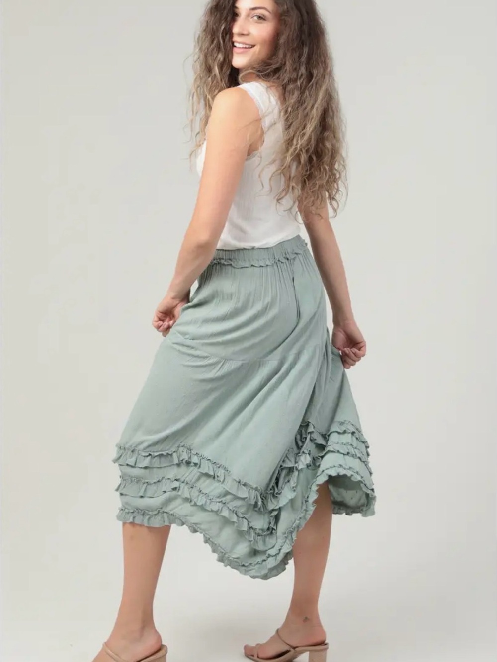 Nostalgia Sage Green Tiered Maxi Skirt with Ruffles - Picture 6 of 6